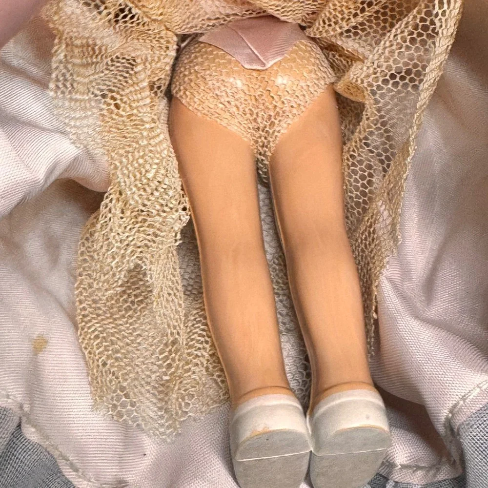 Vintage Composition Doll Pink Satin‎ Gown Floral Embroidery 7.5 Inch Blue Eyes